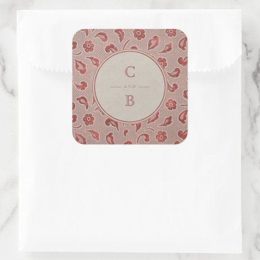 クラフトレッドレース素朴な田舎の結婚式のモノグラム スクエアシール (バッグ)