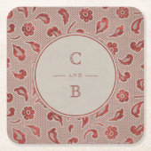 クラフトレッドレース素朴な田舎の結婚式のモノグラム スクエアペーパーコースター (正面)