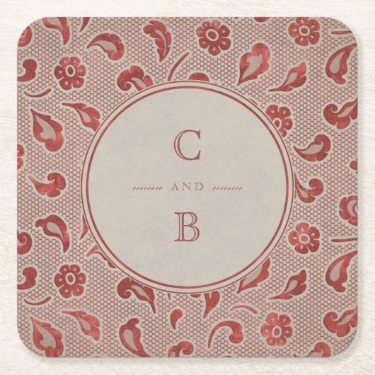 クラフトレッドレース素朴な田舎の結婚式のモノグラム スクエアペーパーコースター (正面)
