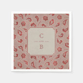 クラフトレッドレース素朴な田舎の結婚式のモノグラム スタンダードカクテルナプキン (正面)