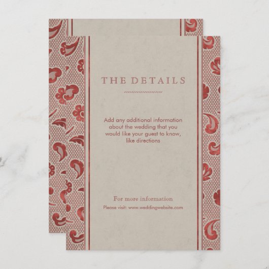 クラフトレッドレース素朴な田舎の結婚式の詳細カード エンクロージャーカード (正面/裏面)