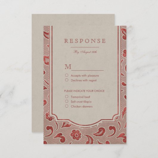クラフトレッドレース素朴な田舎の結婚式RSVP 出欠カード (正面/裏面)