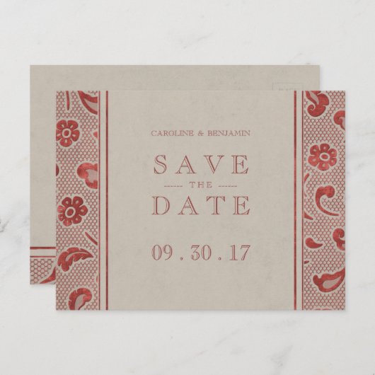 クラフトレッドレース素朴な結婚式は日付を保存 案内ポストカード (正面/裏面)