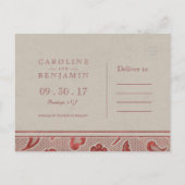 クラフトレッドレース素朴な結婚式は日付を保存 案内ポストカード (裏面)