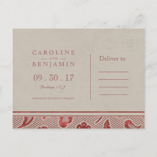 クラフトレッドレース素朴な結婚式は日付を保存 案内ポストカード (裏面)