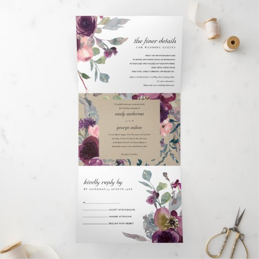 クラフトワイルドパープル薄紫フローラ水結婚色 三つ折り招待状 (内部)