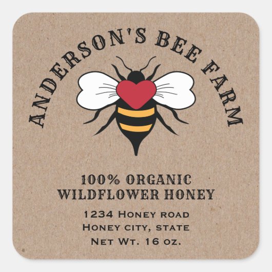 クラフトヴィンテージビーはちみつ瓶クラシックラウンドステッカー スクエアシール (正面)