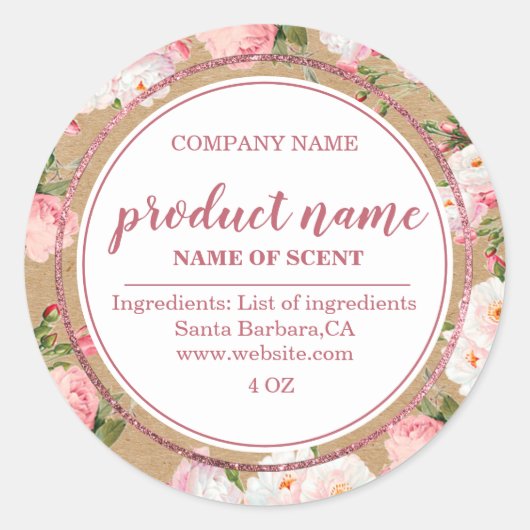 クラフト上の水色の花紙ラベル ラウンドシール (正面)