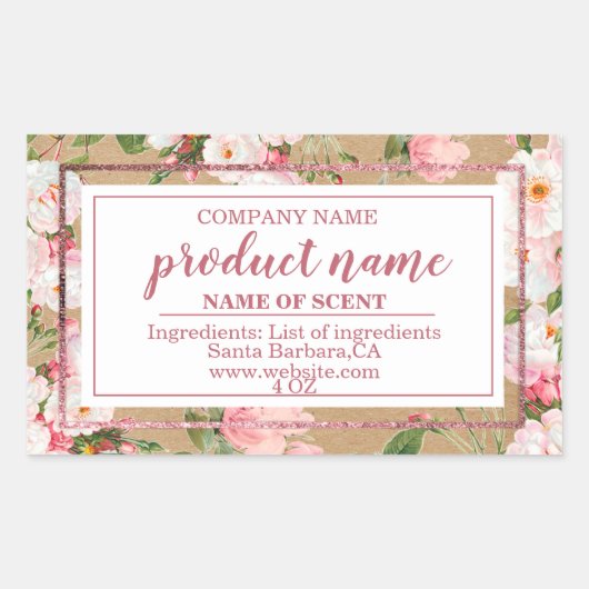 クラフト上の水色の花紙ラベル 長方形シール (正面)