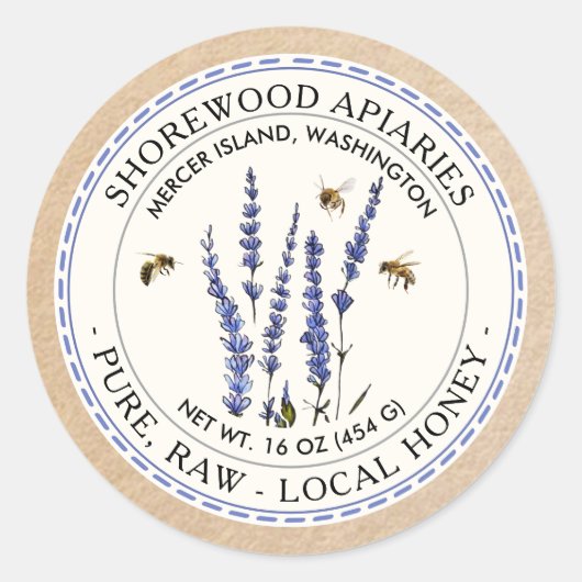 クラフト付き蜂とラベンダーハニーラベル縁ど ラウンドシール (正面)
