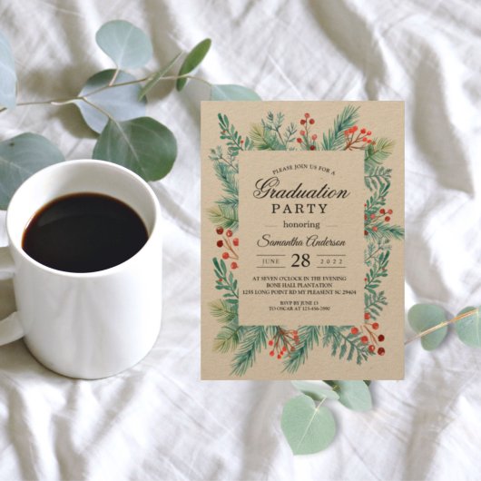 クラフト冬の葉のフレームグリーン招待状 招待状