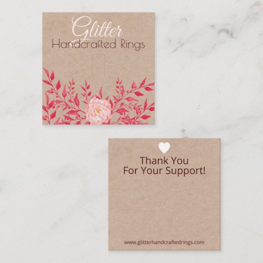 クラフト及びピンクの葉状リングや輪表示包装 スクエア名刺 (正面/裏面)