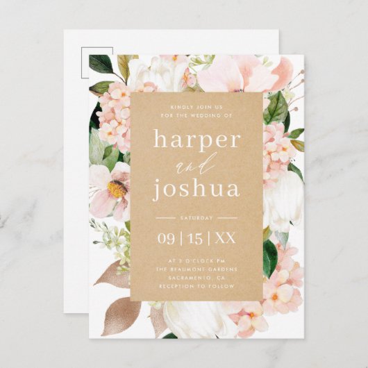 クラフト及び赤面の春の花の結婚式 インビテーションポストカード (正面/裏面)