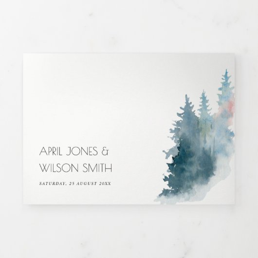 クラフト夕暮れ青い山々パインウォーターカラー結婚ズ 三つ折り招待状 (カバー)