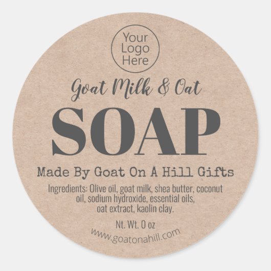 クラフト手作りヤギ乳オート石鹸ロゴラベル ラウンドシール (正面)