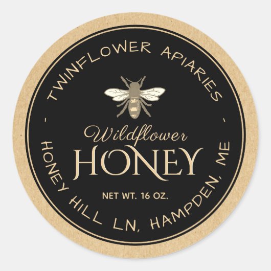 クラフト手書きブラックハニーラベル(Heraldic Bee) ラウンドシール (正面)