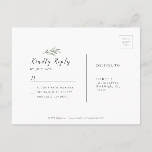 クラフト書道素朴な緑の結婚式RSVP インビテーションポストカード (裏面)