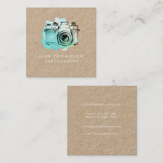 クラフト正方形の水カラーカメラフォトグラファー スクエア名刺 (正面/裏面)