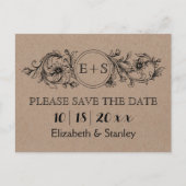 クラフト段ボールイニシャル結婚式の日付を保存 案内ポストカード (正面)