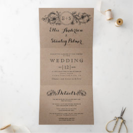 クラフト段ボールフローラフレームとイニシャル結婚の 三つ折り招待状