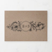 クラフト段ボールフローラフレームとイニシャル結婚の 三つ折り招待状 (カバー)