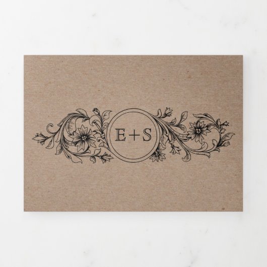 クラフト段ボールフローラフレームとイニシャル結婚の 三つ折り招待状 (カバー)