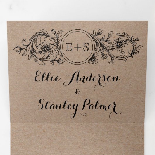 クラフト段ボールフローラフレームとイニシャル結婚の 三つ折り招待状 (内部最初)