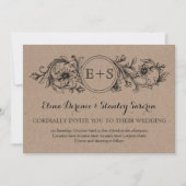 クラフト段ボールフローラフレームとイニシャル結婚の 招待状 (正面)