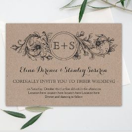 クラフト段ボールフローラフレームとイニシャル結婚の 招待状