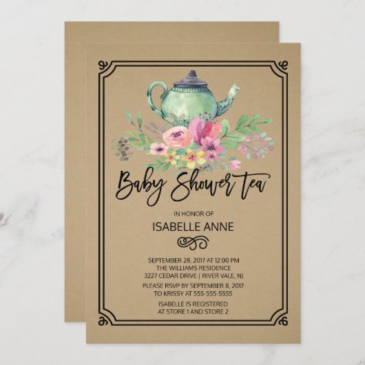 クラフト水カラーフローラ茶パーティー赤ちゃんシャワー 招待状 (正面/裏面)