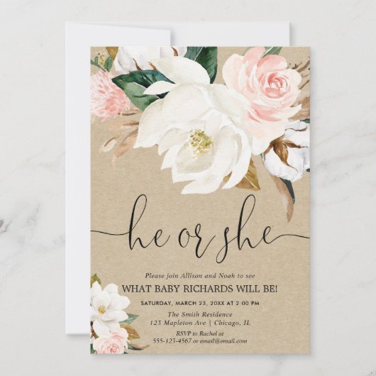 クラフト白素朴ピンクフローラ性別の表示 招待状 (正面)