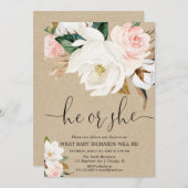 クラフト白素朴ピンクフローラ性別の表示 招待状 (正面/裏面)