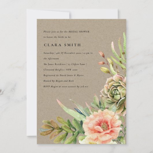 クラフト砂漠多肉性サボテンの葉ブライダルシャワー 招待状 (正面)