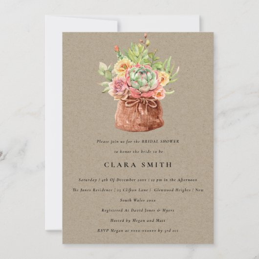 クラフト砂漠多肉性サボテンの葉ブライダルシャワー 招待状 (正面)