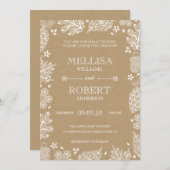クラフト紙の結婚式招待状のレースのような葉 招待状 (正面/裏面)