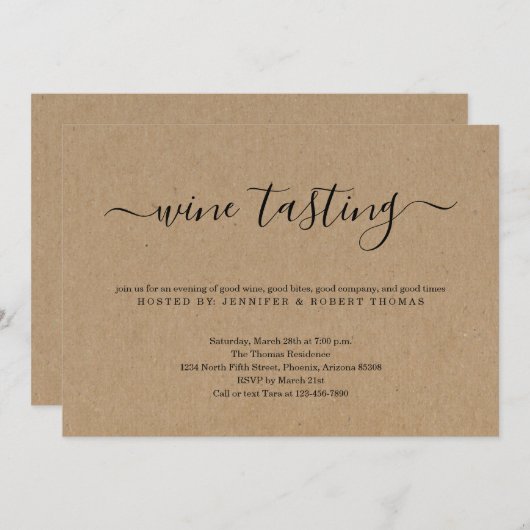クラフト紙の背景を使ったワイン試飲の招待状 招待状 (正面/裏面)