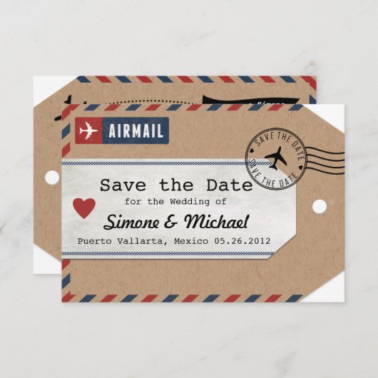 クラフト紙の航空郵便の荷物のラベルの保存日付 セーブザデート (正面/裏面)