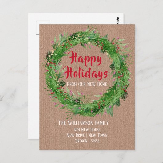 クラフト紙ウィンターグリーナリーニューホームハッピーホリデイ ポストカード (正面/裏面)