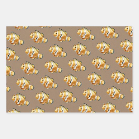 クラフト紙ウォーターカラーウミガメ&フィッシュ ラッピングペーパーシート (正面3)