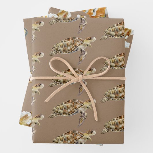クラフト紙ウォーターカラーウミガメ&フィッシュ ラッピングペーパーシート (インサイチュ)