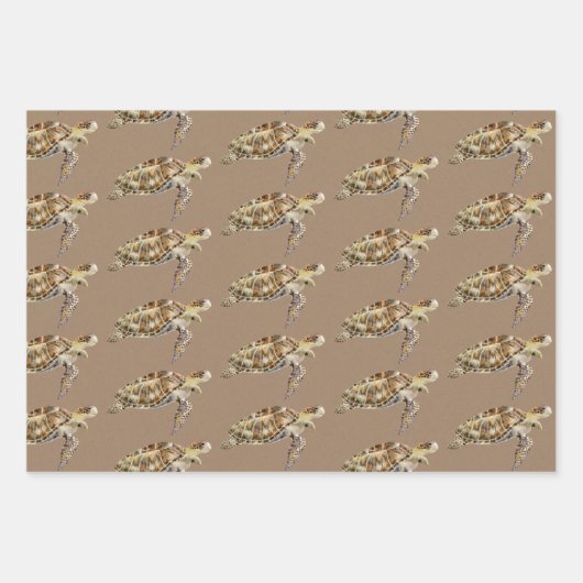 クラフト紙ウォーターカラーウミガメ&フィッシュ ラッピングペーパーシート (正面)