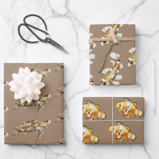 クラフト紙ウォーターカラーウミガメ&フィッシュ ラッピングペーパーシート (正面)