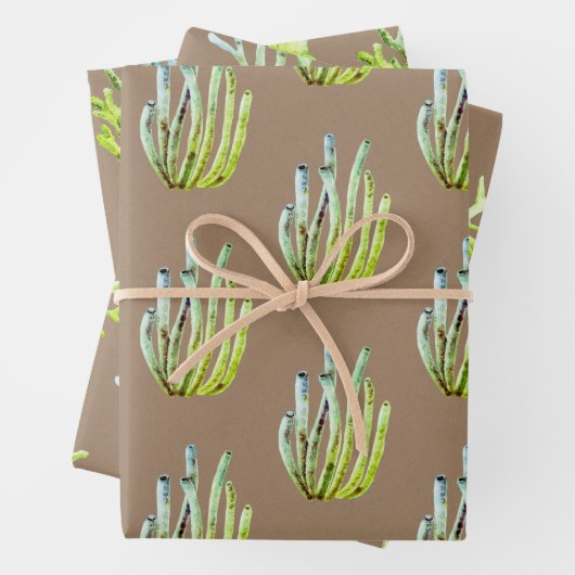 クラフト紙ウォーターカラーグリーンコーラルリーフ ラッピングペーパーシート (インサイチュ)