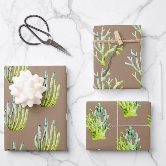 クラフト紙ウォーターカラーグリーンコーラルリーフ ラッピングペーパーシート (正面)