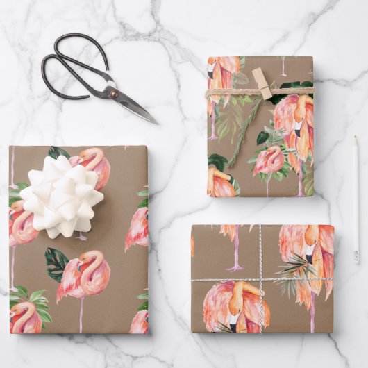 クラフト紙ウォーターカラーピンクフラミンゴスマム&ベビー ラッピングペーパーシート (正面)