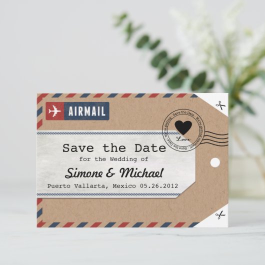 クラフト紙エアメールスーツケースタグ Save the Date(※直訳すると「日程を保存」ですが、 セーブザデート (スタンド正面)