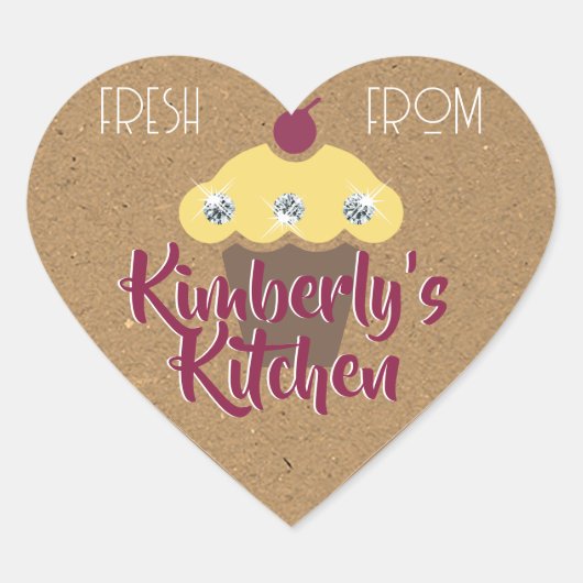 クラフト紙キュートブラウングリッターラインストーンカップケーキ ハートシール (正面)