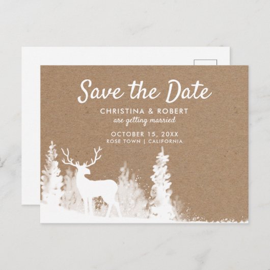 クラフト紙シカのクリスマスセーブザデート 案内ポストカード (正面/裏面)
