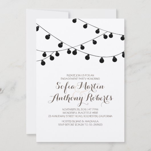 クラフト紙ストリングライトモダン婚約パーティ 招待状 (正面)