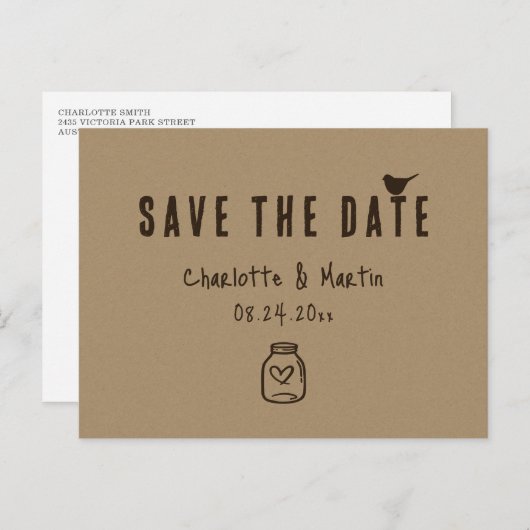 クラフト紙ハート結婚式の日付を保存 案内ポストカード (正面/裏面)